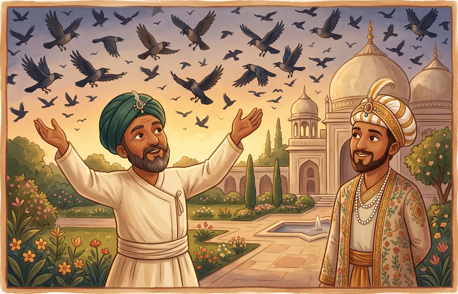 A clever minister gesturing up at a sky full of crows over a domed palace garden as an amused emperor watches.