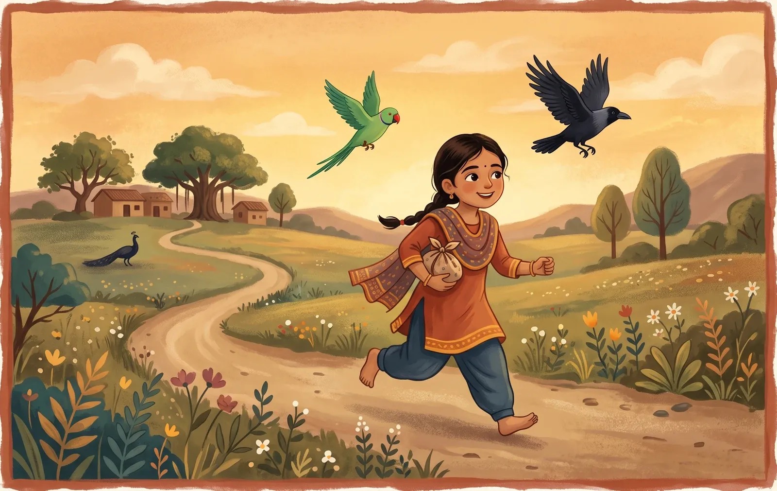 A clever village girl running along a dusk path with a bundle of treasure, a crow and a green parakeet flying above her and a peacock watching from the meadow.