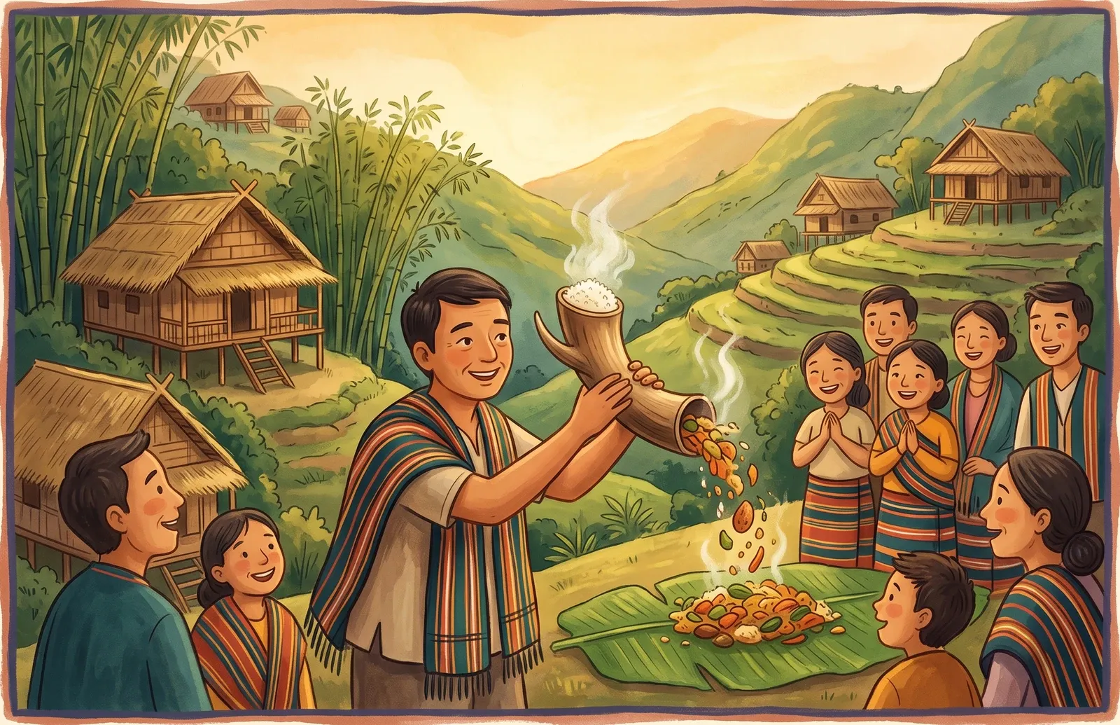 A cheerful hill man holding a deer's horn pouring out steaming rice and food onto a leaf as delighted villagers gather around.
