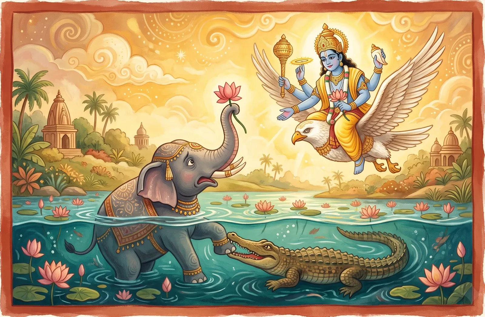 A great elephant lifting a lotus to the sky with its trunk as a crocodile grips its leg and blue four-armed Vishnu descends on a great white eagle to help.