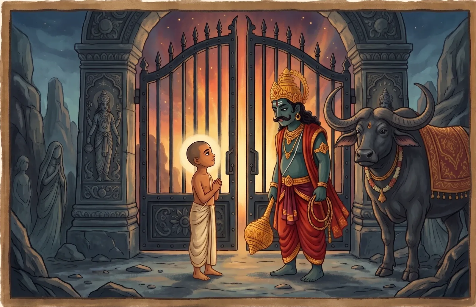 A small calm boy standing bravely before the tall, crowned lord of death and his quiet black buffalo, soft warm light glowing between them.