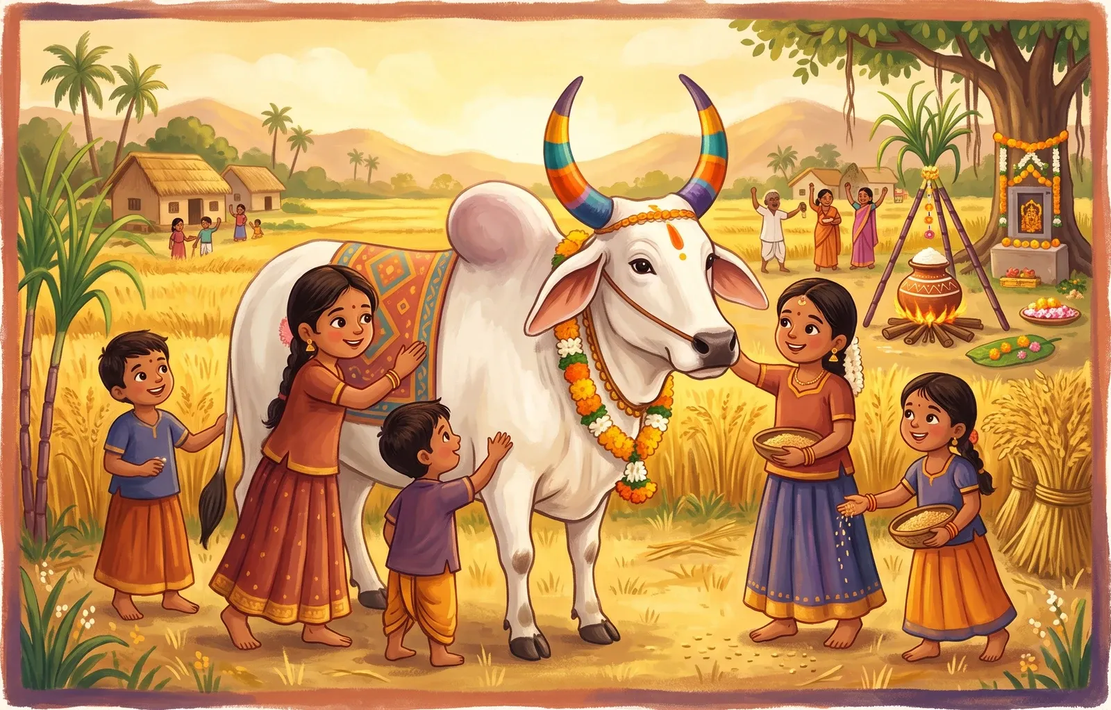 A big friendly white humped bull with rainbow-painted horns and a marigold garland in a sunny harvest field as children thank and pet it.