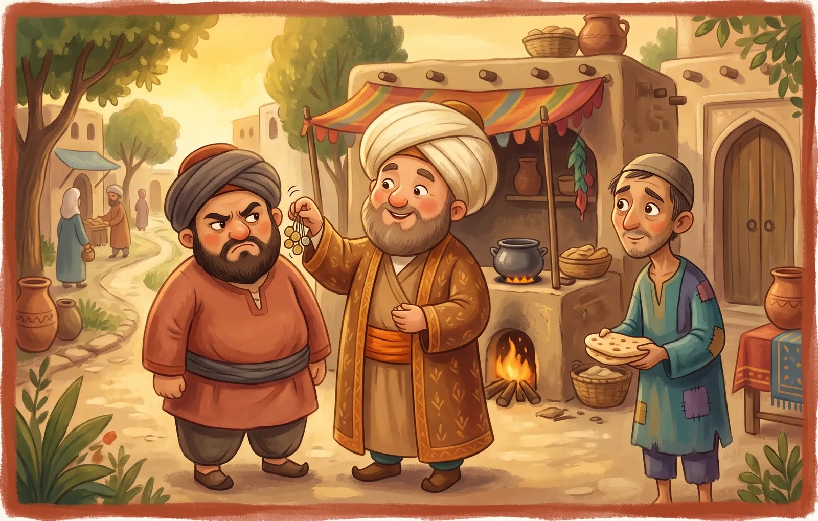 A wise judge jingling coins beside a grumpy cook's ear as a poor man holding bread looks on hopefully.