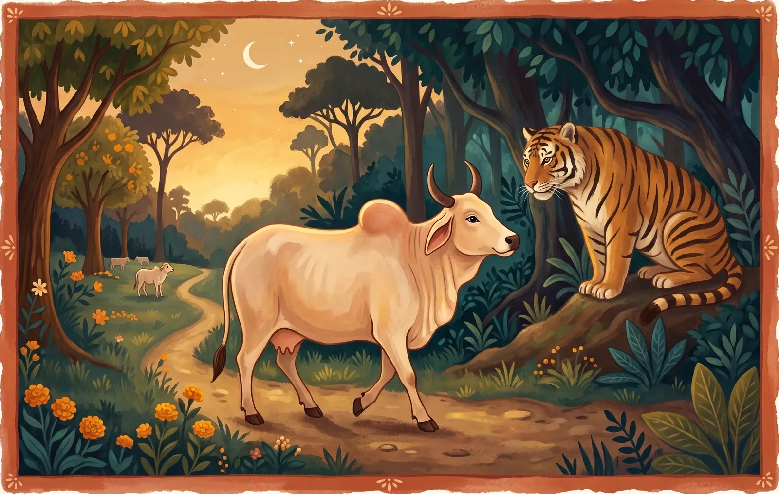 A gentle cow walking bravely back toward a waiting tiger in a darkening forest, her calf watching from behind.