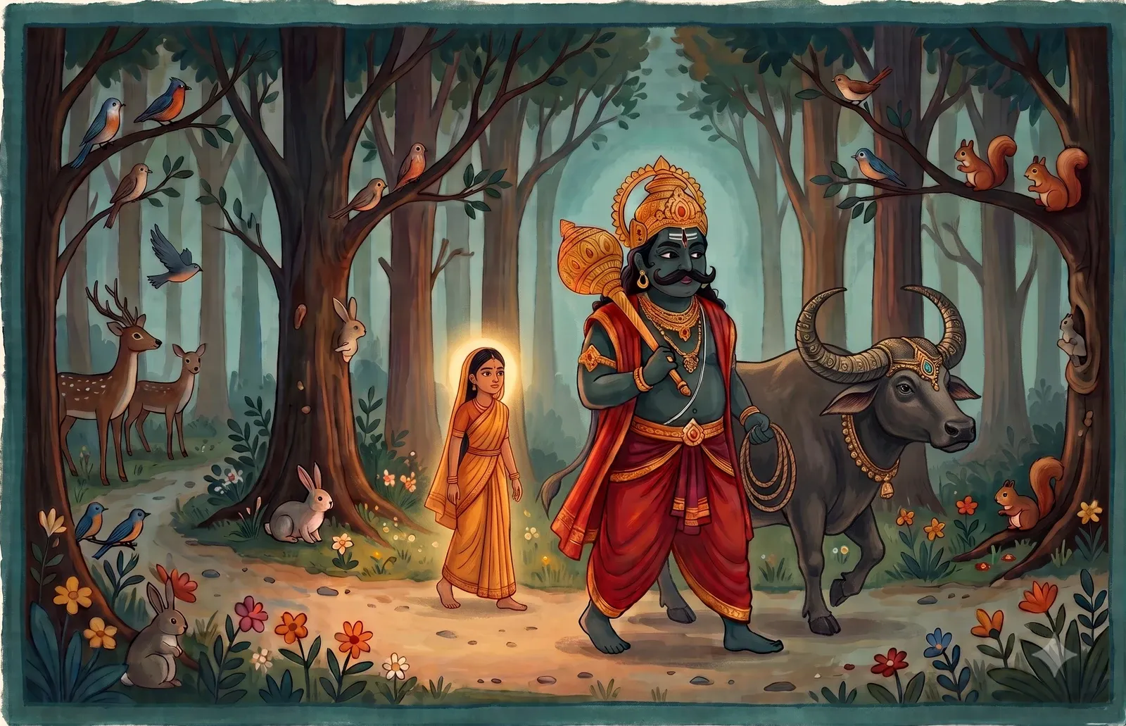A calm, determined young woman walking steadily behind the tall, crowned lord of death and his black buffalo through a forest, soft light around her.