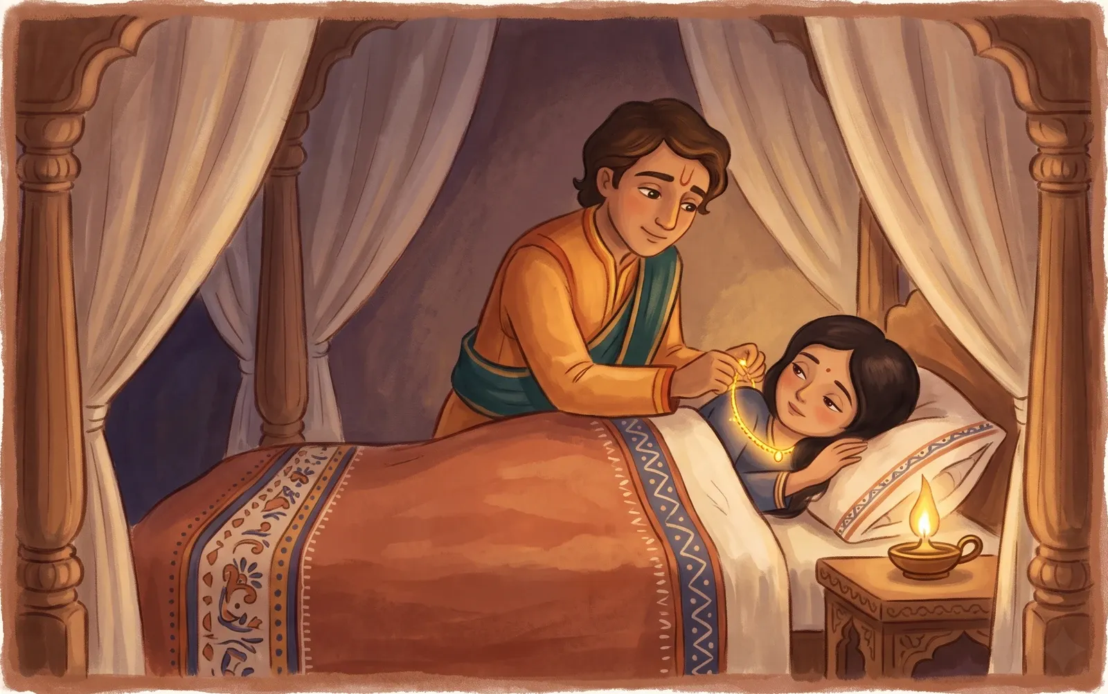 A gentle prince at night clasping a glowing golden necklace back around a waking princess's neck by candlelight.