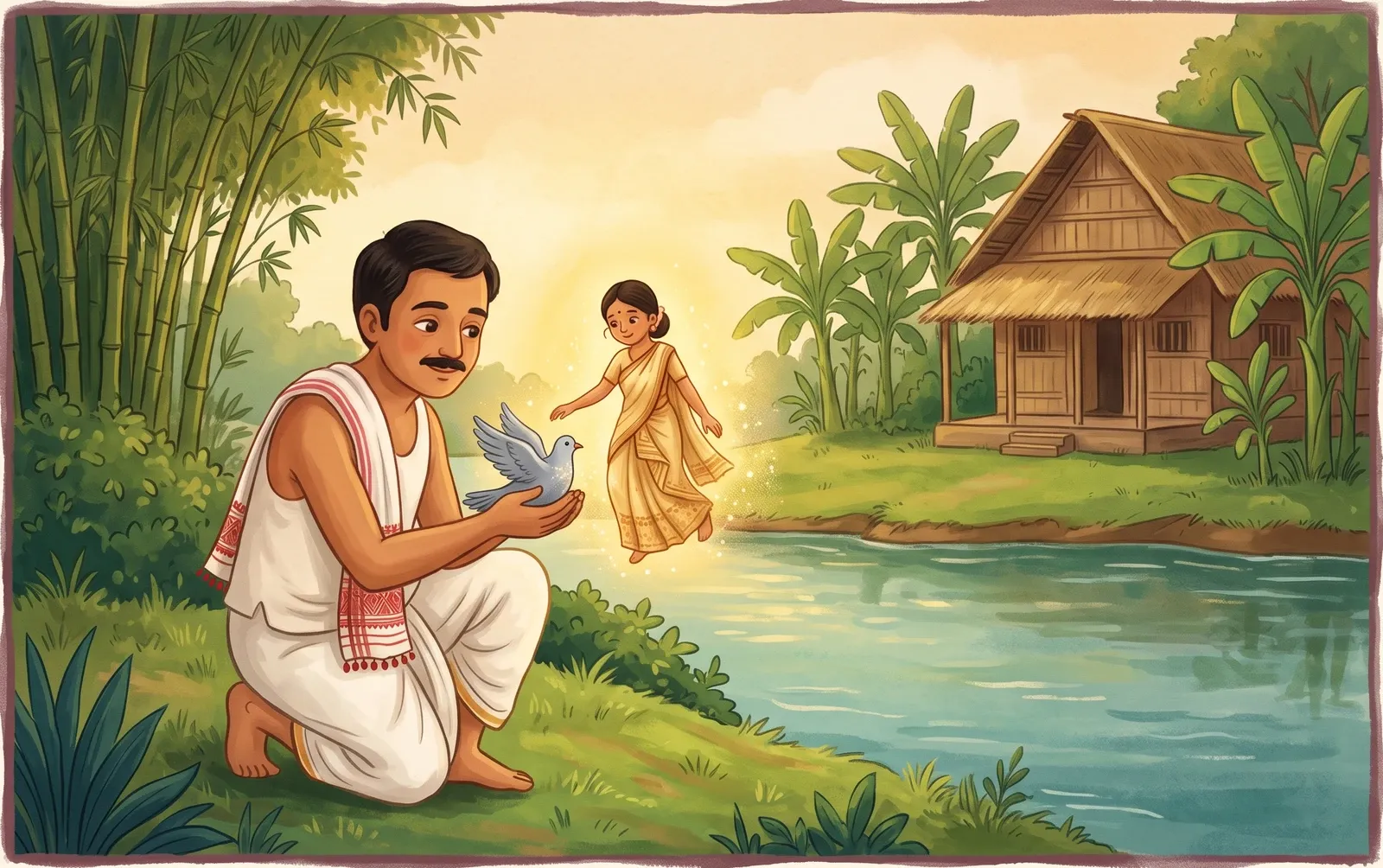 A loving father in Assamese dress kneeling by a river, cupping a small dove in his hands as the glowing form of a girl appears across the water.