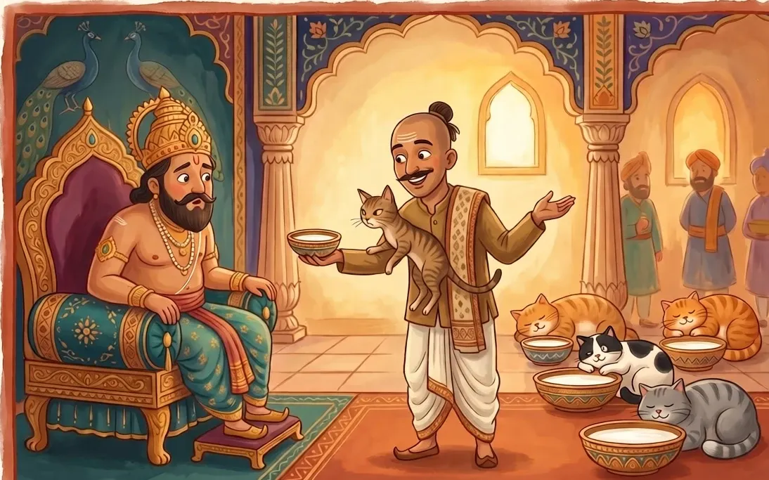 A witty courtier presenting a lean alert cat that turns from a bowl of milk while plump cats lounge by full milk bowls.