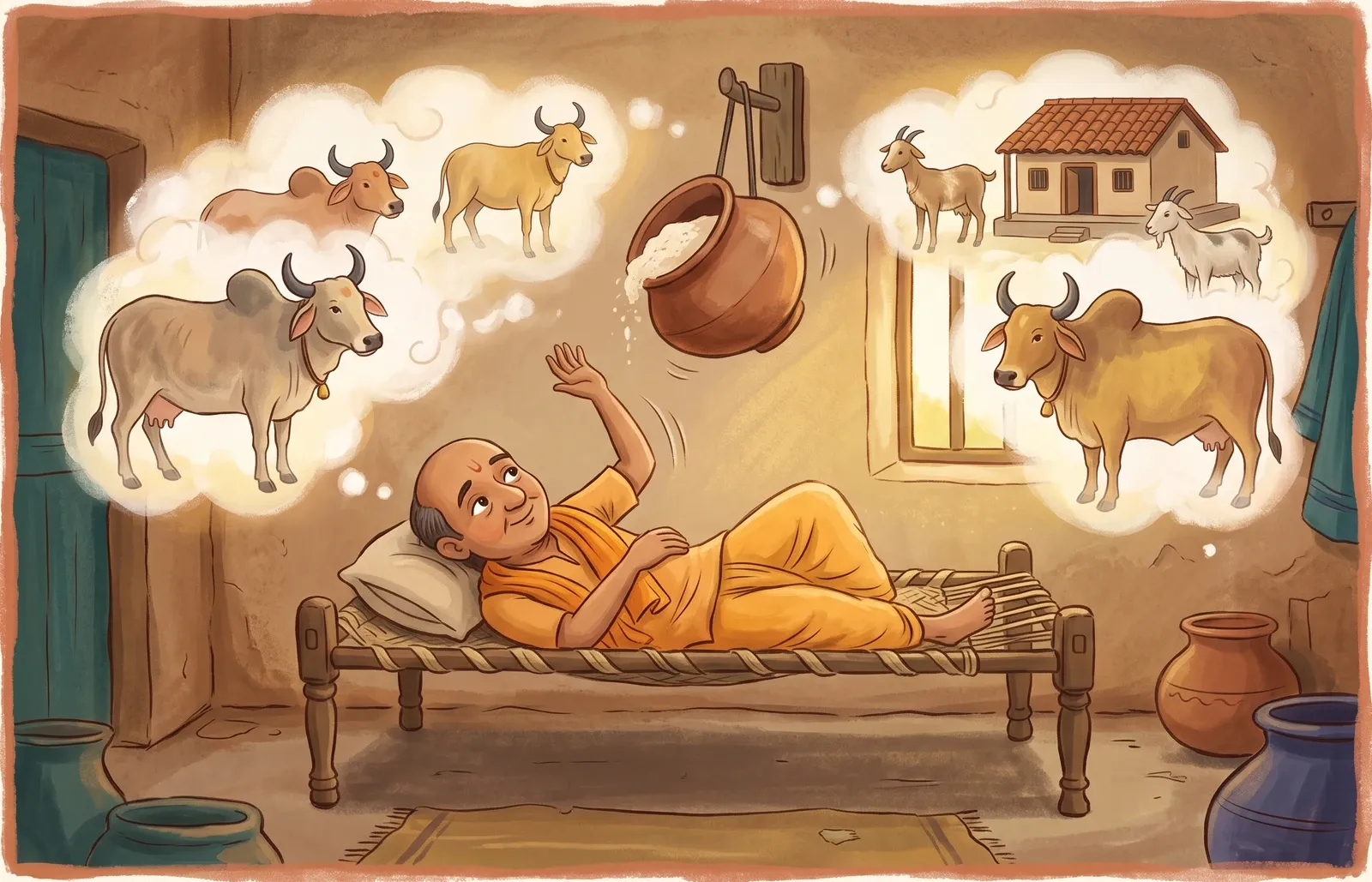 A poor brahmin daydreaming on his rope cot, arm mid-swing, a pot of flour tipping off a wall-peg, dreamlike humped cows, goats and a little house floating above.