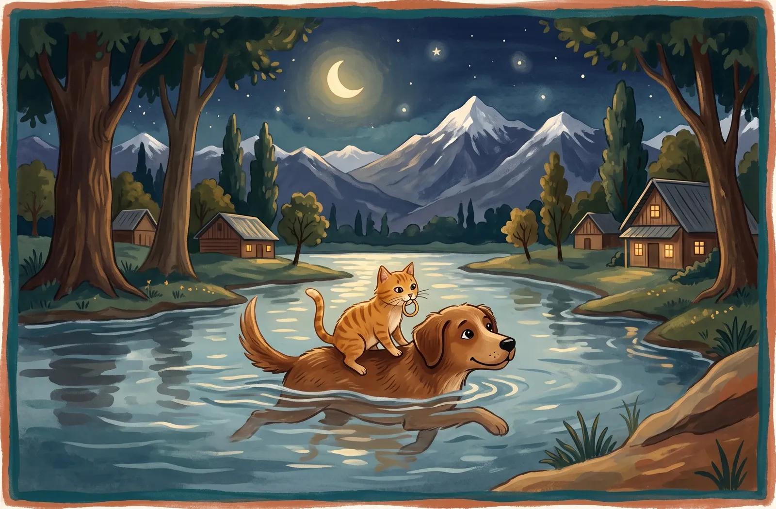 A small cat riding on a dog's back across a moonlit river, a golden ring glinting in its mouth.