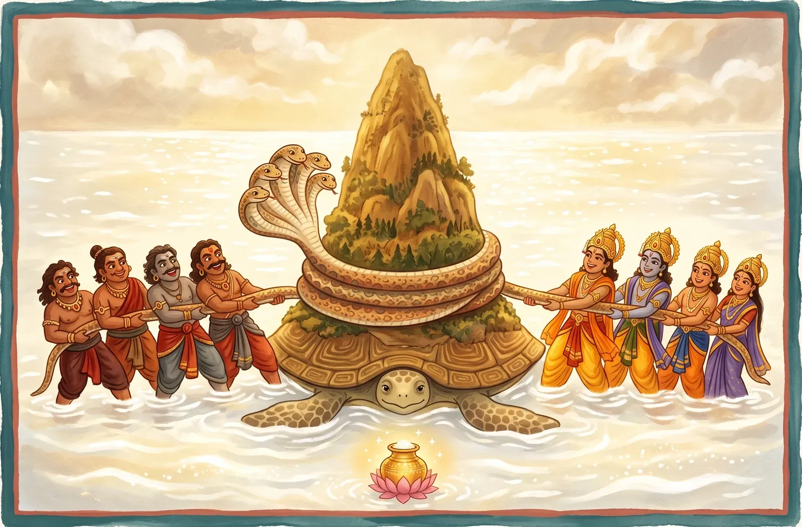 Gods and demons in a tug-of-war, pulling a five-headed serpent wound around a mountain that rests on a giant turtle in a milky sea, a pot of nectar glowing on a lotus.