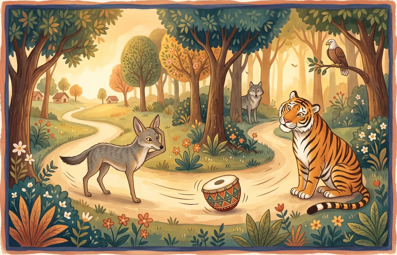 A little round drum rolling merrily along a forest path while a puzzled jackal and tiger watch it pass.