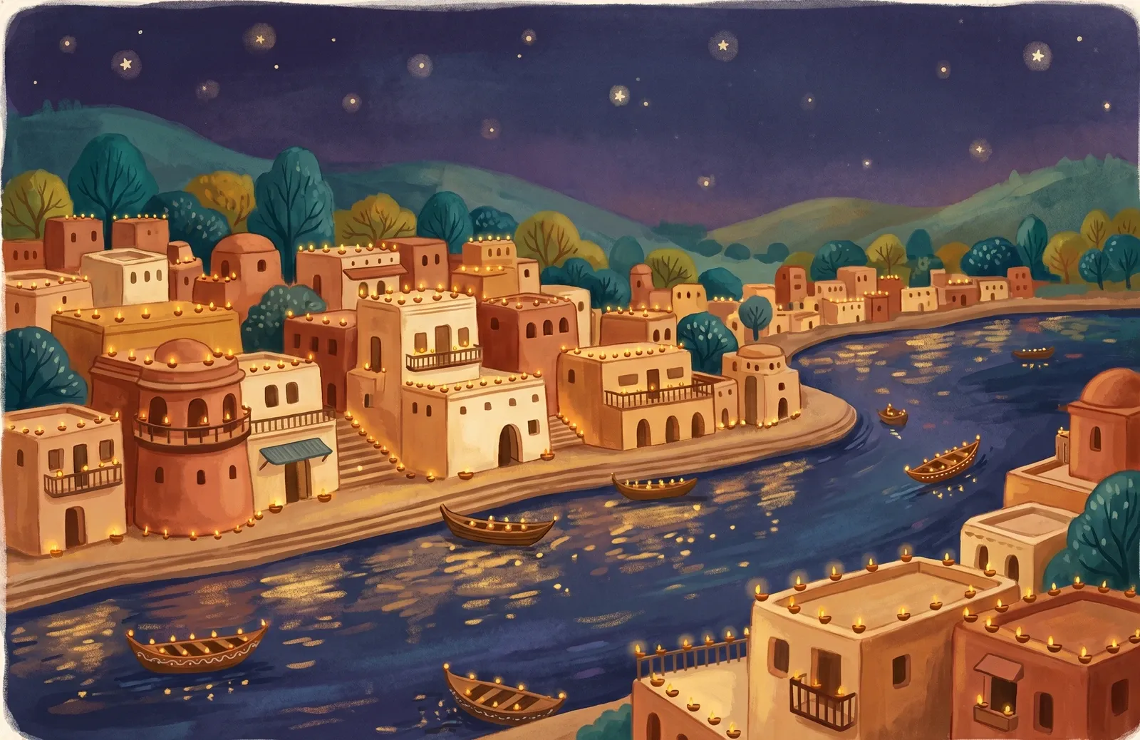 A city at night glowing with thousands of tiny clay lamps along its rooftops and river under a deep indigo sky.
