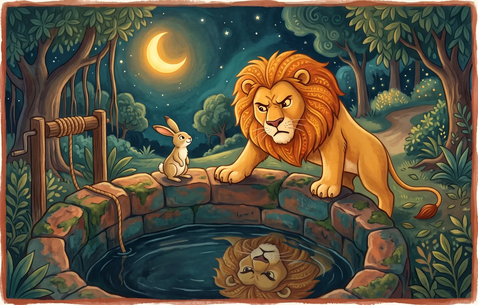 A lion leaning over the rim of a moonlit stone well, glaring at his own rippled reflection in the dark water, while a tiny calm hare sits beside him.