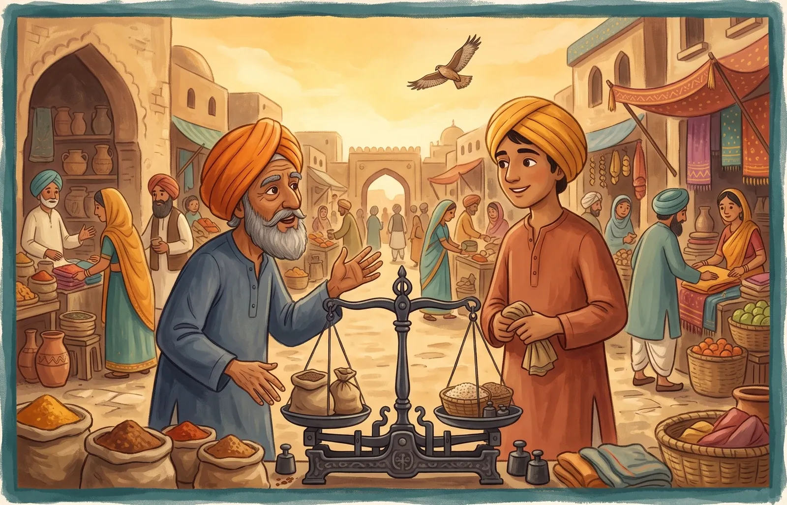 A calm young merchant talking with an older merchant in a busy bazaar, a great iron balance-scale between them, a hawk overhead.