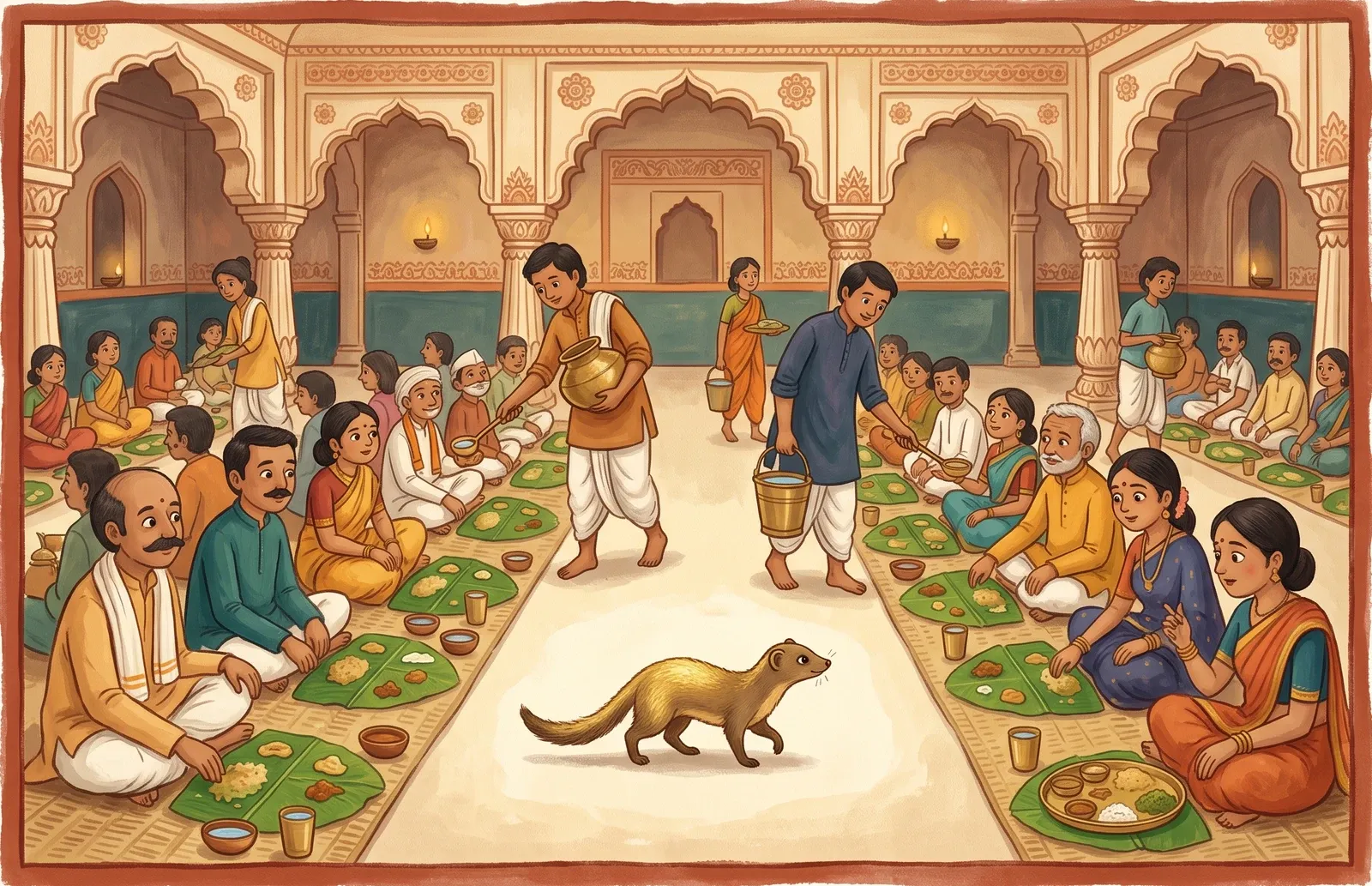 A small mongoose with one half of its body shining like gold, standing in a grand hall of feasting.