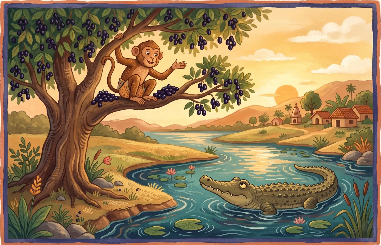 A clever monkey perched safely up a jamun tree heavy with purple fruit, calling down to a crocodile floating in the river below.