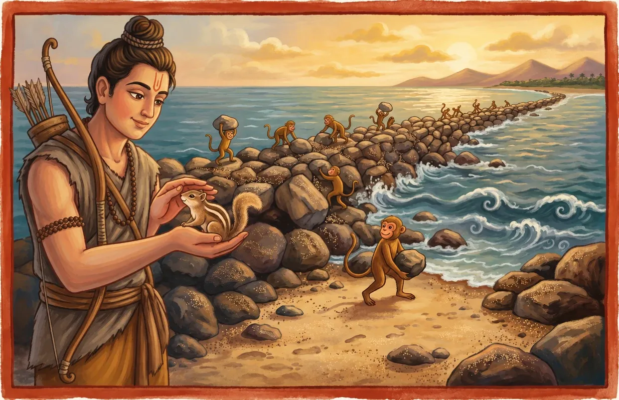 Rama, dressed as a humble forest-dweller with his bow on his back, gently cupping a tiny striped squirrel beside the boulder causeway monkeys are building across the sea.