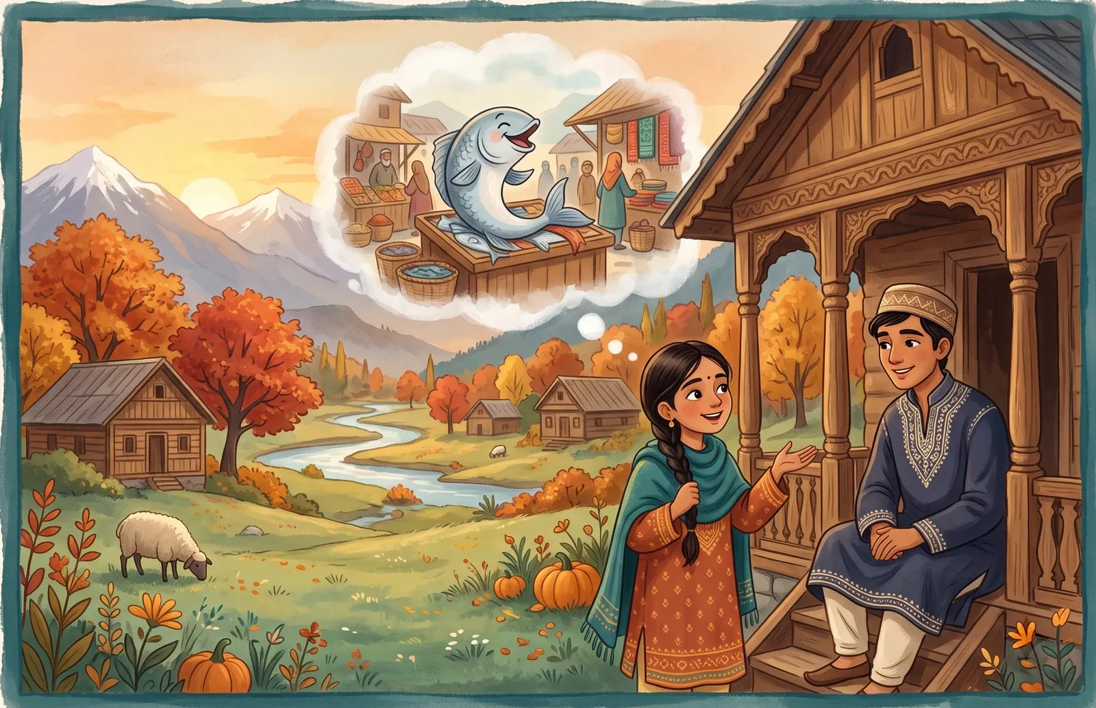 A bright farmer's daughter speaking cleverly to a young man in a cottage doorway, a laughing silvery fish on a market stall above.