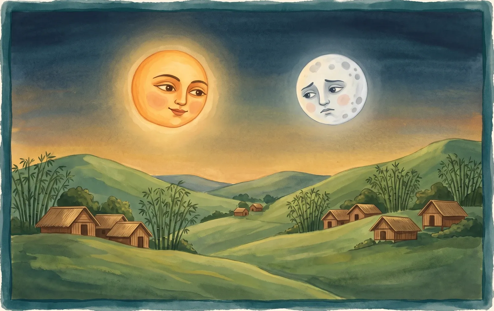 A warm sun as a gentle sister and a pale, softly spotted moon as a younger brother turning away ashamed, against a twilight sky.