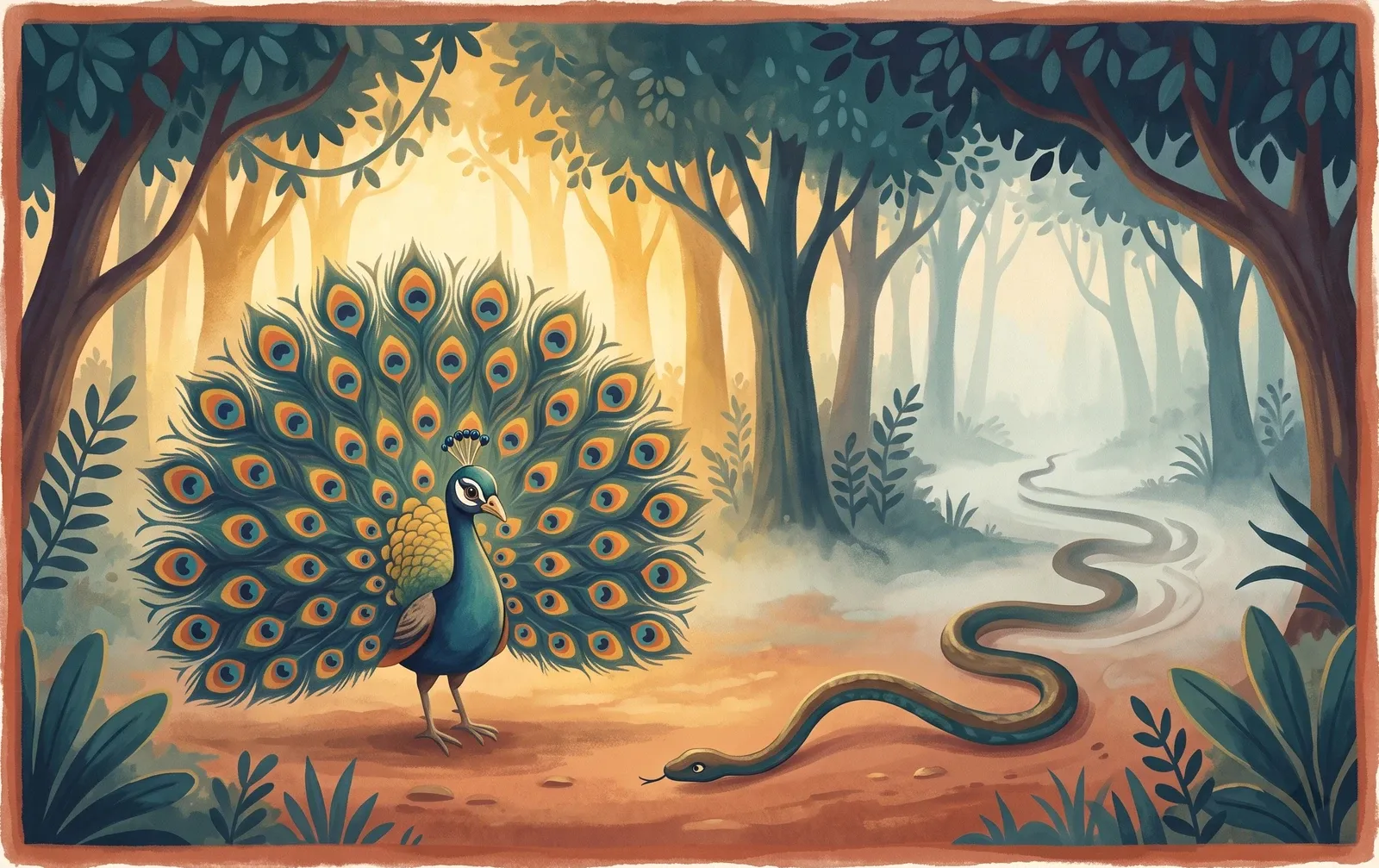 A peacock spreading its hundred-eyed tail at dawn, mist on the forest floor and a serpent slipping quietly away.